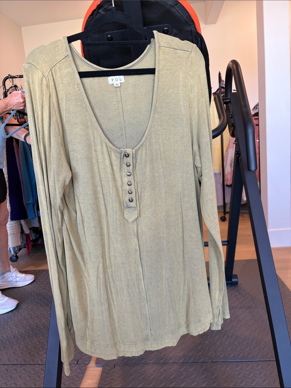 POL Olive Green Scoop-Neck Henley Long Sleeve Top